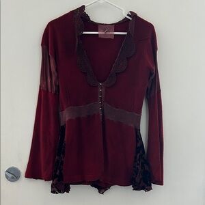 Red Long Sleeve Cardigan with Lace Trim